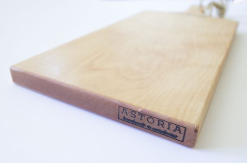 Made in USA Handcrafted Handmade in Mendocino - Mendocino Stamped Charcuterie Cheese Paddle Board - Medium Birch - Mendo Stamp Close-up - Astoria Stamp - Astoria Home Decor and Gift Shop in Downtown Mendocino