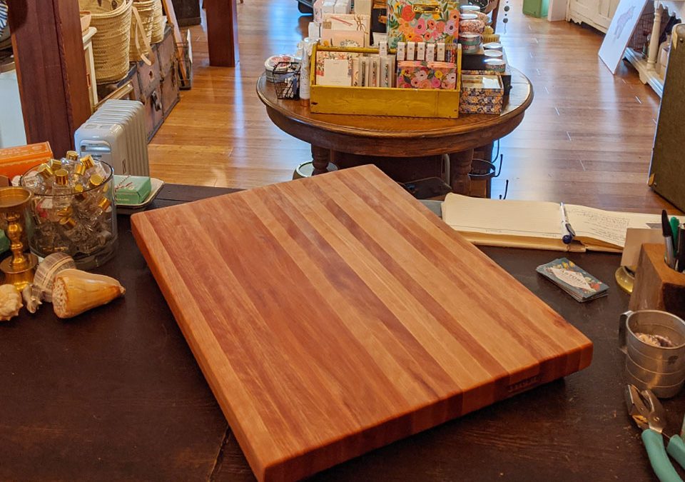 Another Custom Cutting Board from Us!  Let us know if you want one!  This one is big! 22 inches by 17 inches  Birch Face Edge Grain with Mahogany Feet!