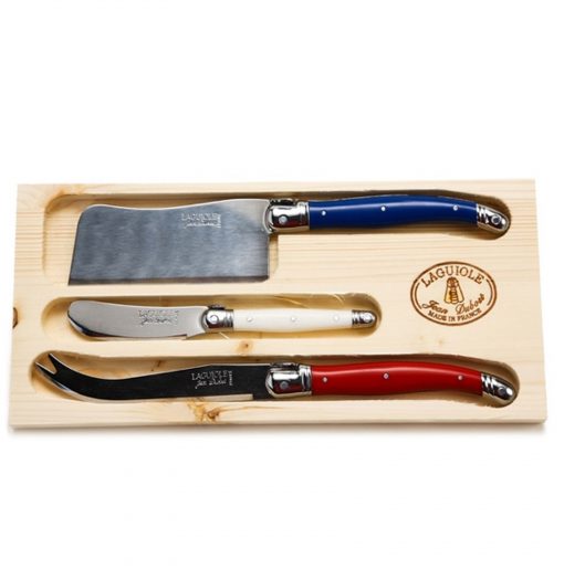 Laguiole Jean Dubost 3 Piece Cheese Set in Red White & Blue in Wood Tray Gift Set