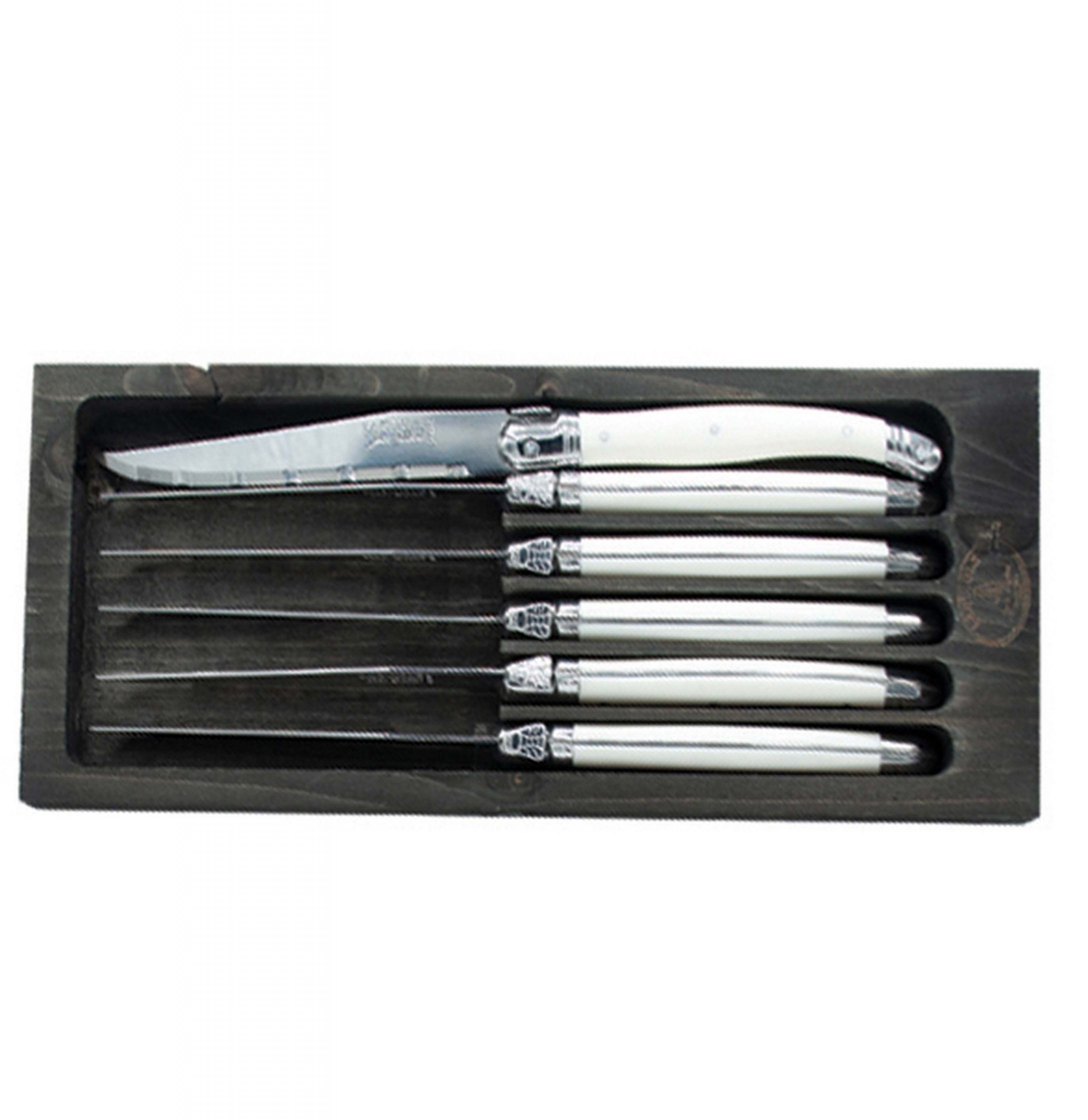 Laguiole Jean Dubost 6 Steak Knives with White Handles in Black Tray
