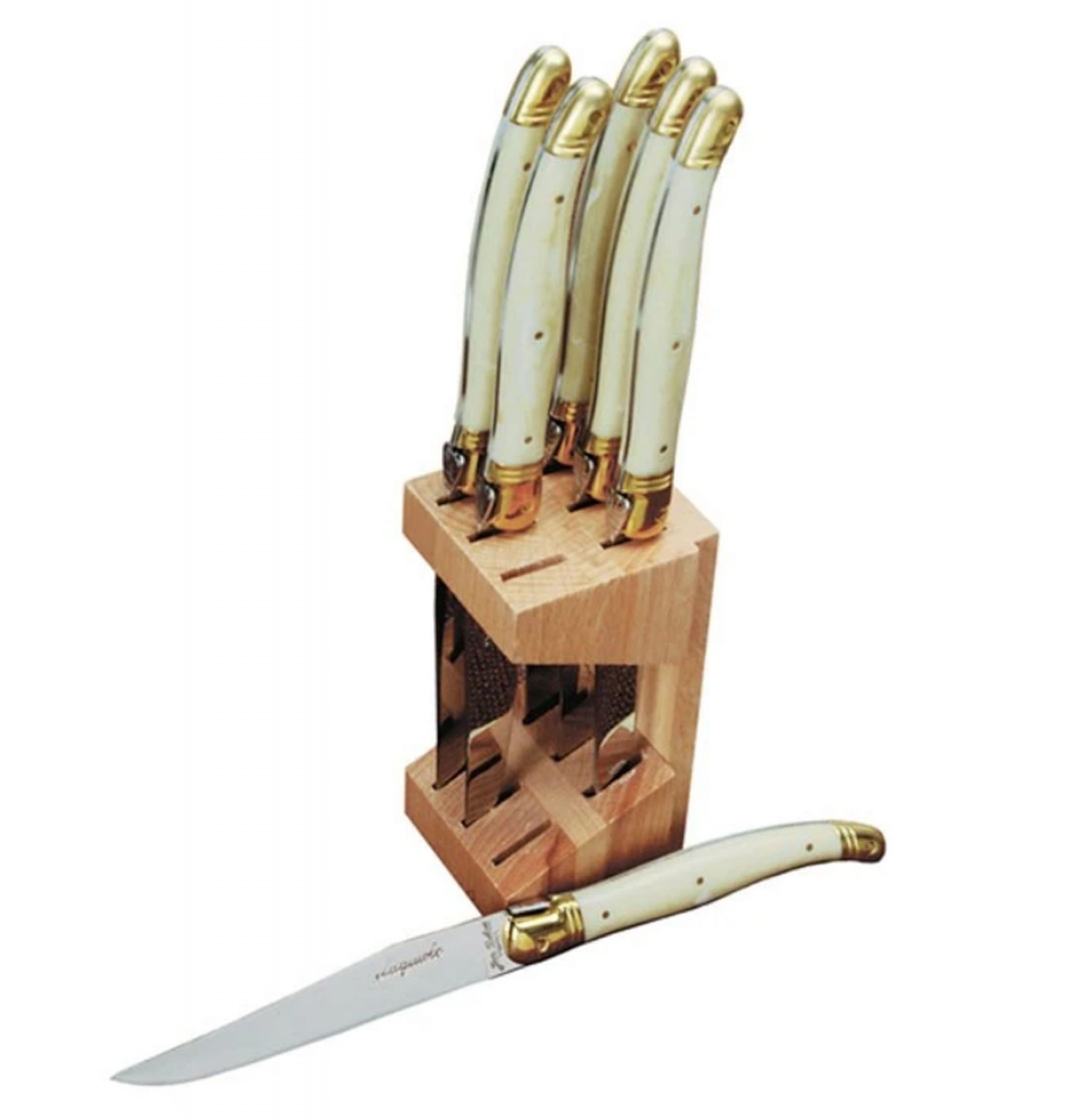 Laguiole Jean Dubost 6-Piece Steak Knife Block Set in Ivory , White Handles  & Brass Fittings