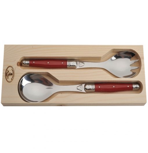 Jean Dubost Salad Servers with Red Handles in Wood Serving Tray Gift Set