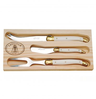 Laguiole Jean Dubost 3 piece Cheese Set with Ivory handles in Wood Serving Tray Gift Set