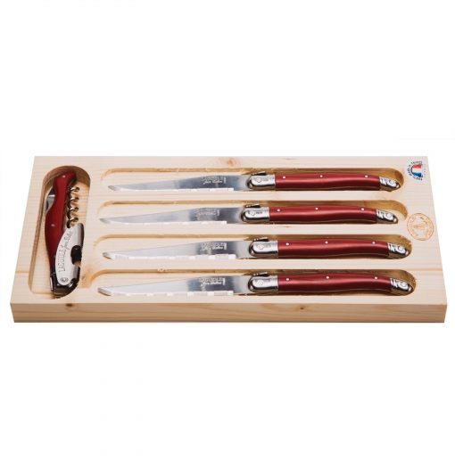 Laguiole Jean Dubost Jean Dubost 5 piece Red Steak Knives and Wine Waiter in Wood Tray Gift Set