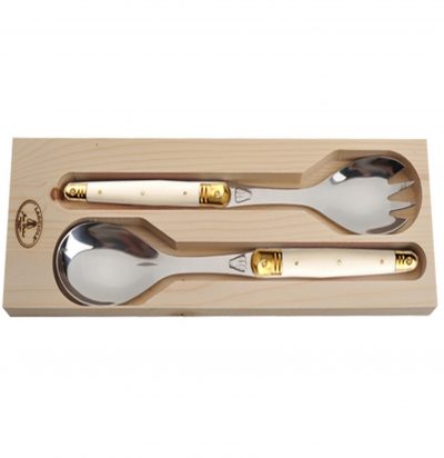 Laguiole Jean Dubost Salad Serving Set with Ivory handles in Wood Serving Tray Gift Set