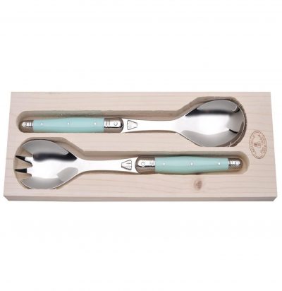 Laguiole Jean Dubost Salad Serving Set with Turquoise handles in Wood Serving Tray Gift Set