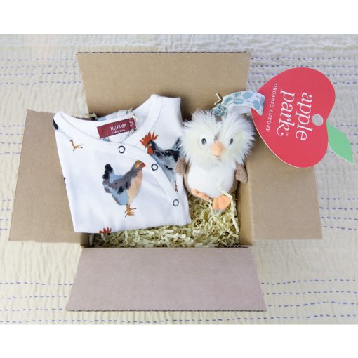 Care Package Gift Set - Mendocino - Baby Clothes and Accessories - Chicken Rooster Footed Romper and Owl Stroller Toy - Gift Shop