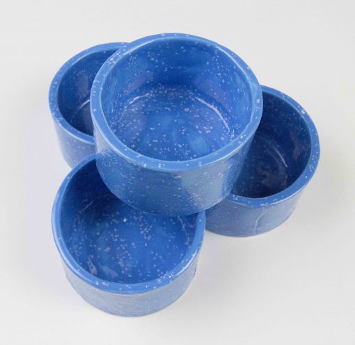 Ramekin Set of Four - USA MADE IN USA - Charcuterie Food Serving - Blue with White Sprinkles Splotches Ramekins Handcrafted Mendocino Handmade California traditional enameled blue with white speckles
