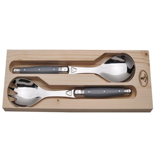 Laguiole Jean Dubost Salad Serving Set with Gray handles in Wood Serving Tray Gift Set