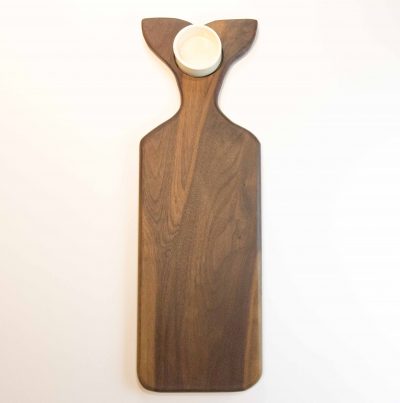 Shopping for Sperm Whale Shaped Charcuterie Cheese Board Serving Board Platter Cheese Paddle Solid With Seated Ceramic Ramekin Black Walnut Locally Handmade in Mendocino Made in USA Made North Coast Shopping