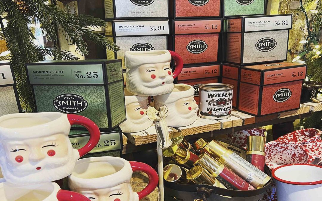 Christmas Shopping in Mendocino Village - Santa Mugs - Smith Tea - Mendocino Christmas Ornaments